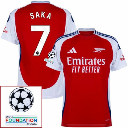 Arsenal Saka 7 Home Fan Jersey 2024/25 Patches UCL UEFA Foundation (Official Printing)