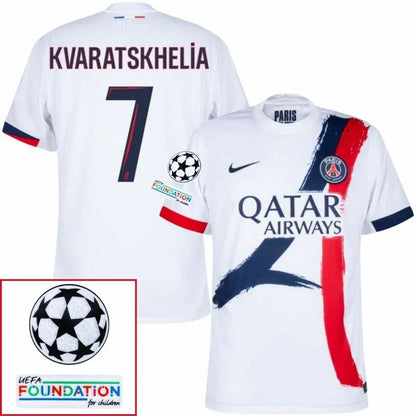 Paris Saint-Germain Kvaratskhelia 7 Fan Jersey Away 2024/25 Patches UCL UEFA Foundation (Official Printing)