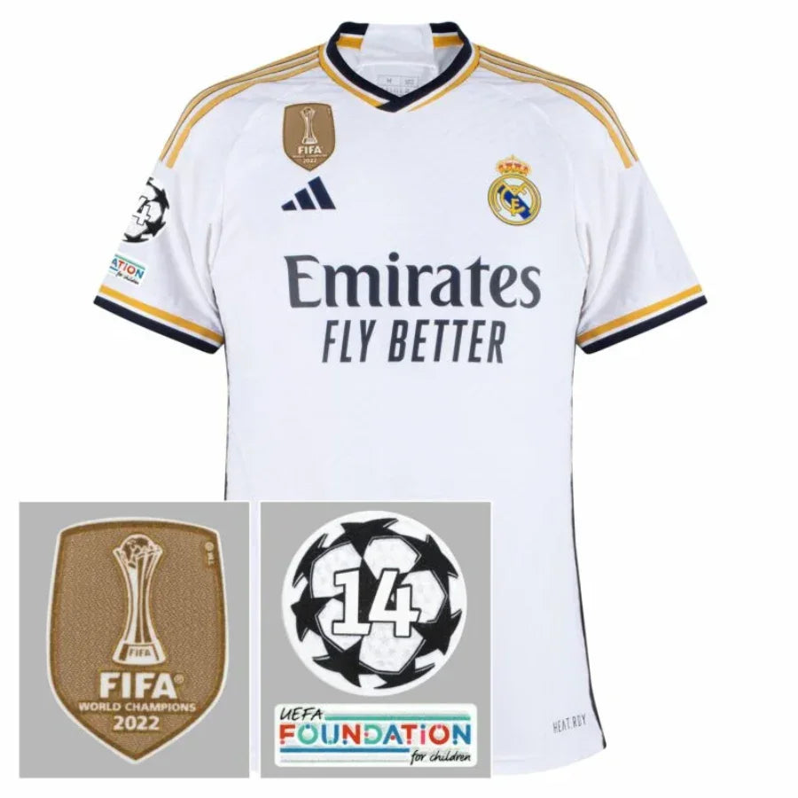 Real Madrid Home Fan Jersey 2023/24 Patch Fifa Wcc Patch Ucl Uefa Foundation Patches