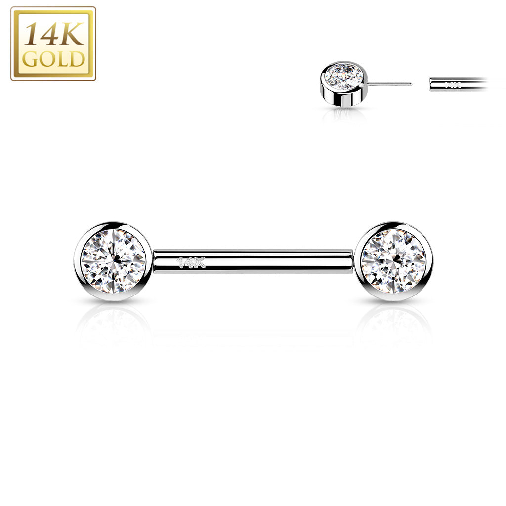 14G 9/16 Solid 14k Gold CZ Gem Bezel Set Threadless Barbell Nipple Ring Set