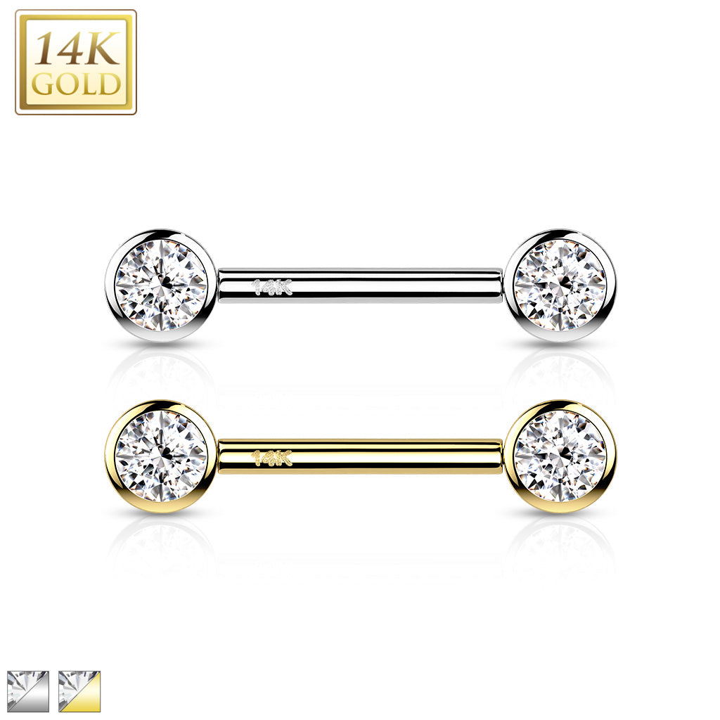 14G 9/16 Solid 14k Gold CZ Gem Bezel Set Threadless Barbell Nipple Ring Set