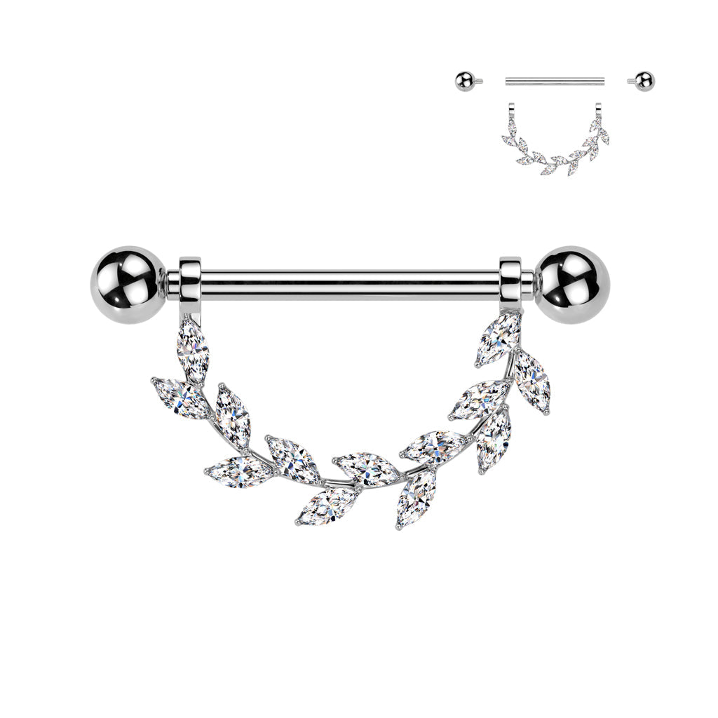 14G 9/16 Clear CZ Gem Implant Grade Titanium Internally Threaded Leaves Dangle Nipple Ring Set