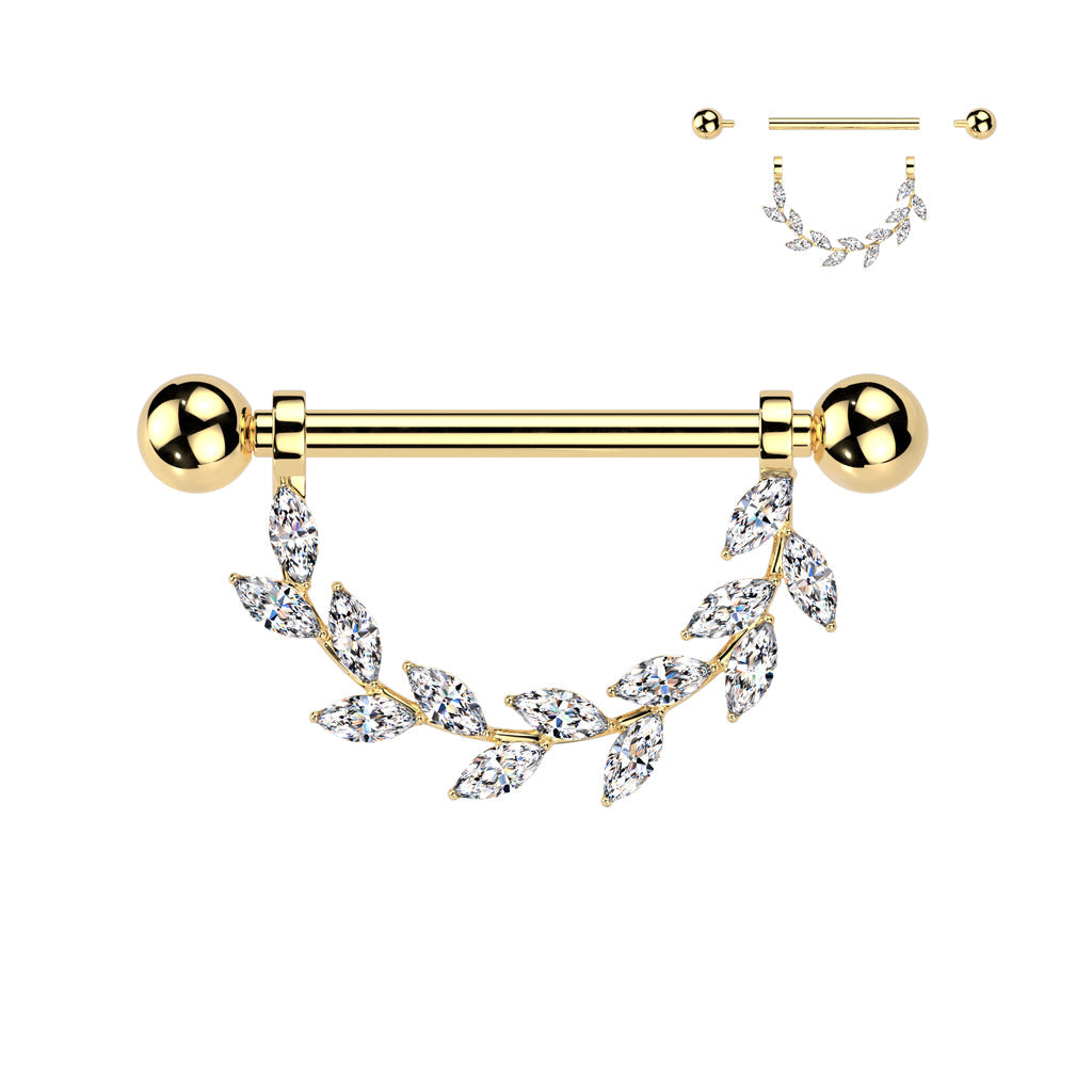 14G 9/16 Clear CZ Gem Implant Grade Titanium Internally Threaded Leaves Dangle Nipple Ring Set