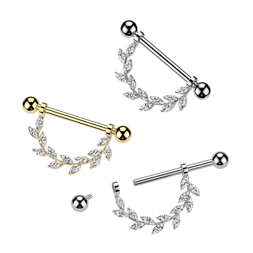 14G 9/16 Clear CZ Gem Implant Grade Titanium Internally Threaded Leaves Dangle Nipple Ring Set