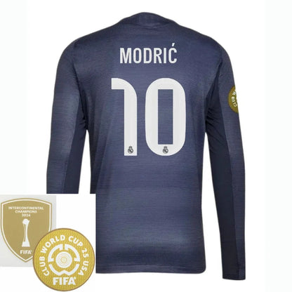 Real Madrid Away Long Sleeve Fan Jersey 2025/26 - Patch 2025 Club World Cup + FIFA Intercontinental Champions
