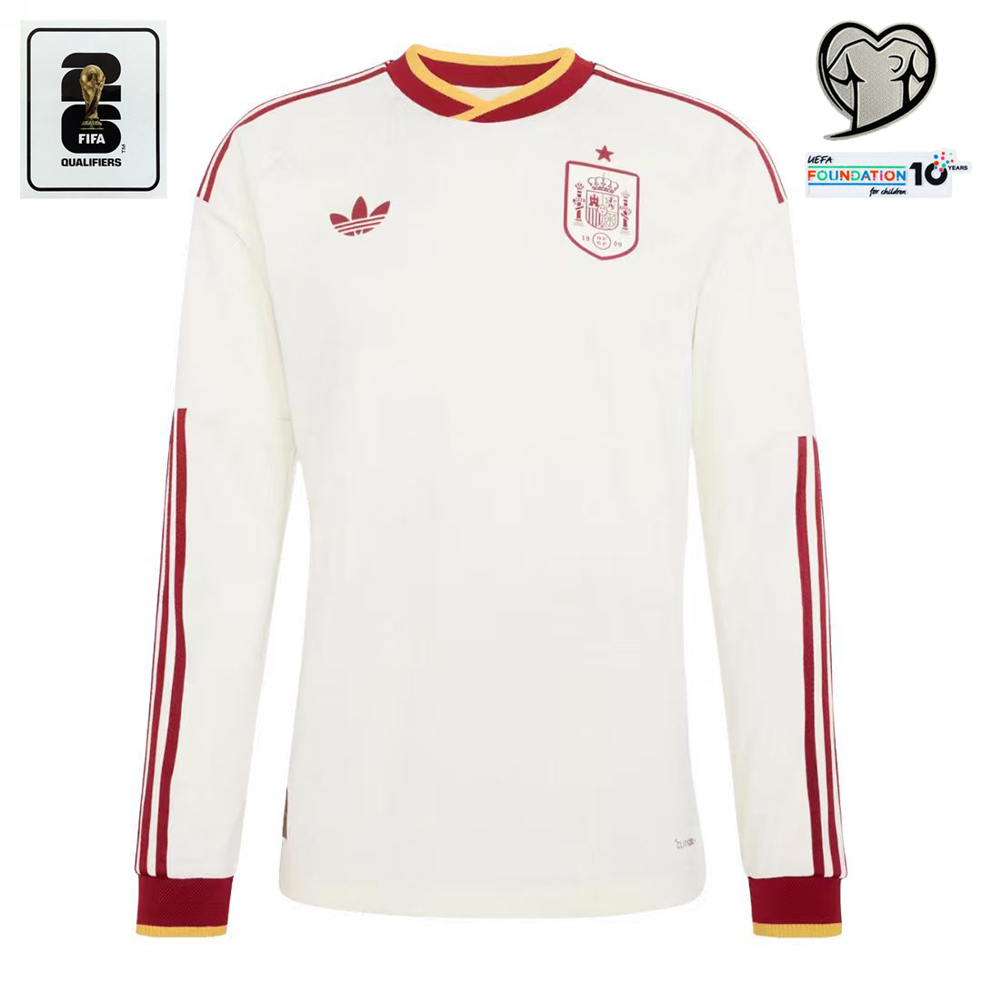 Spain Away Fan Long Sleeve Shirt 2026 World Cup + 2026 World Cup Qualifiers & EURO Qualifiers & UEFA Foundation 10 Years Badges